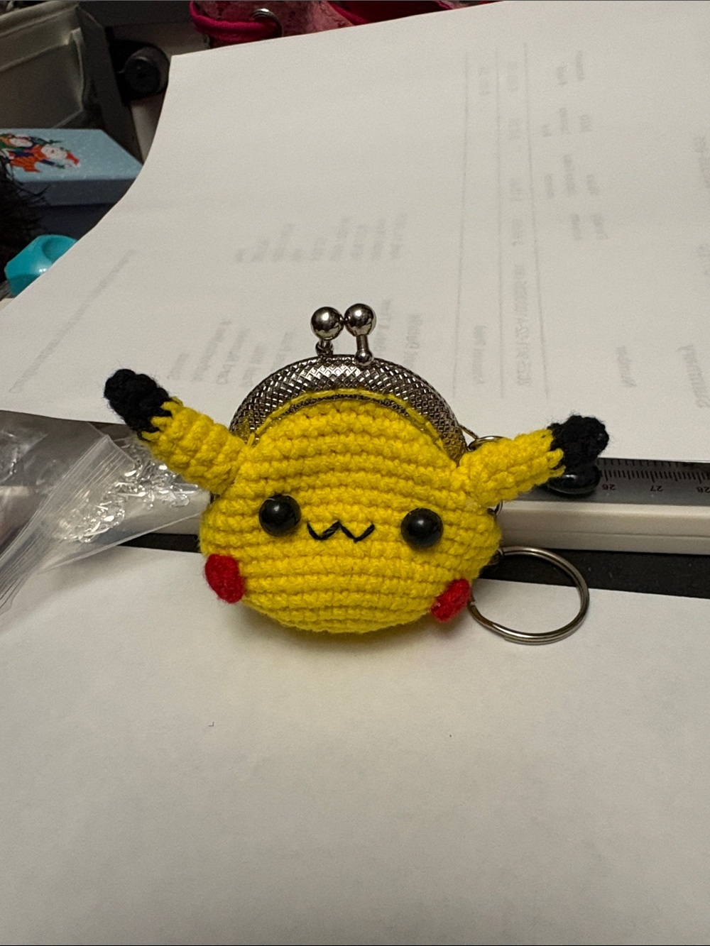 Yellow Handcrafted Pikachu  Crochet Coin Purse Keychain